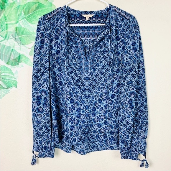 Rebecca Taylor Silk Blue Floral Tie-Neck Long Sleeve Boho Blouse Top - Picture 2 of 5